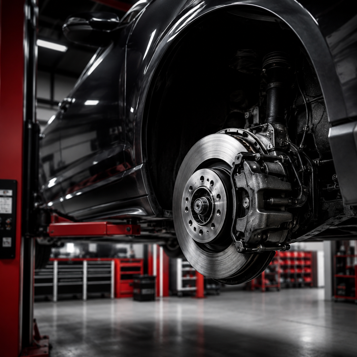 Brake disc exposed on car lift