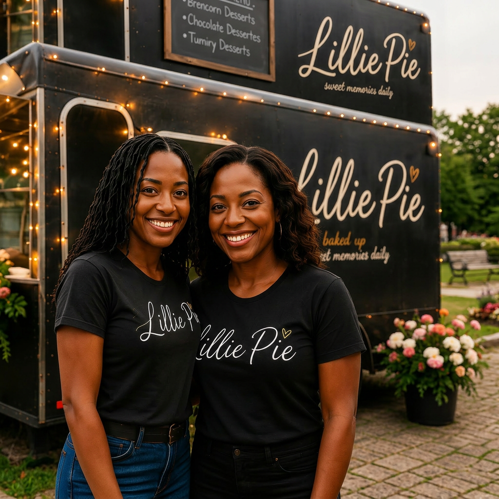 Two women standing in front of the Lillie Pie trailer