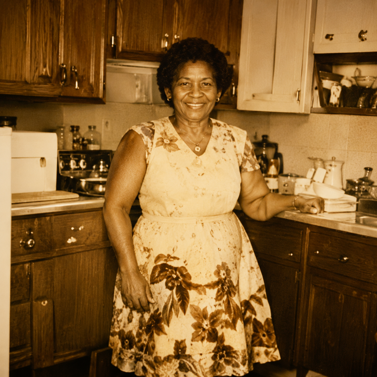 Vintage portrait of Lillie Mae standing in her kitchen