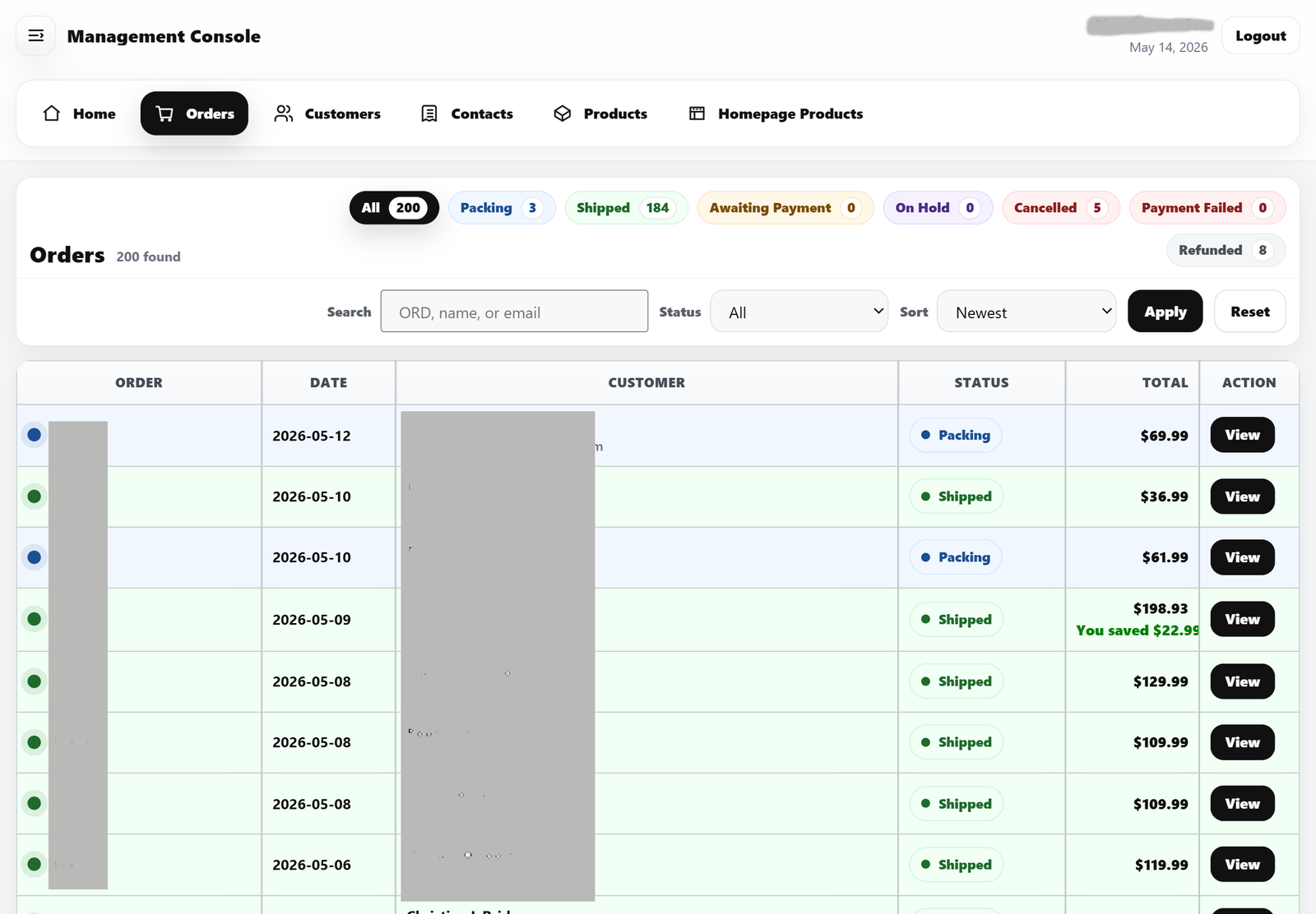 Order detail screen from the custom order management console