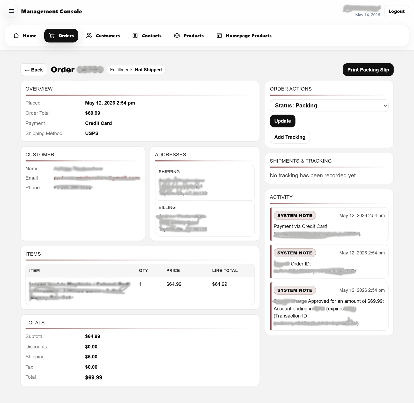 Dashboard overview of the custom order management console