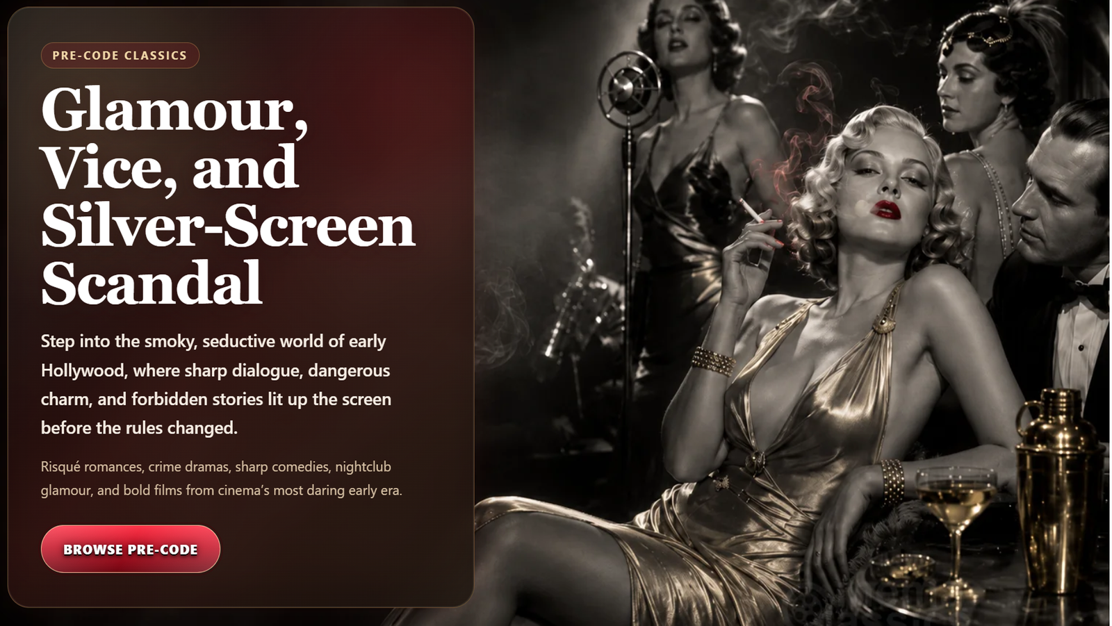 Cinema Classics Pre-Code hero banner with custom artwork, headline block, and CTA