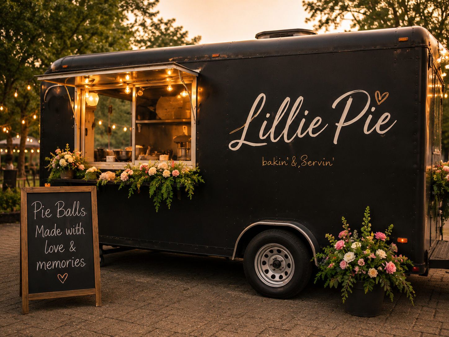 Lillie Pie food trailer decorated with flowers and string lights
