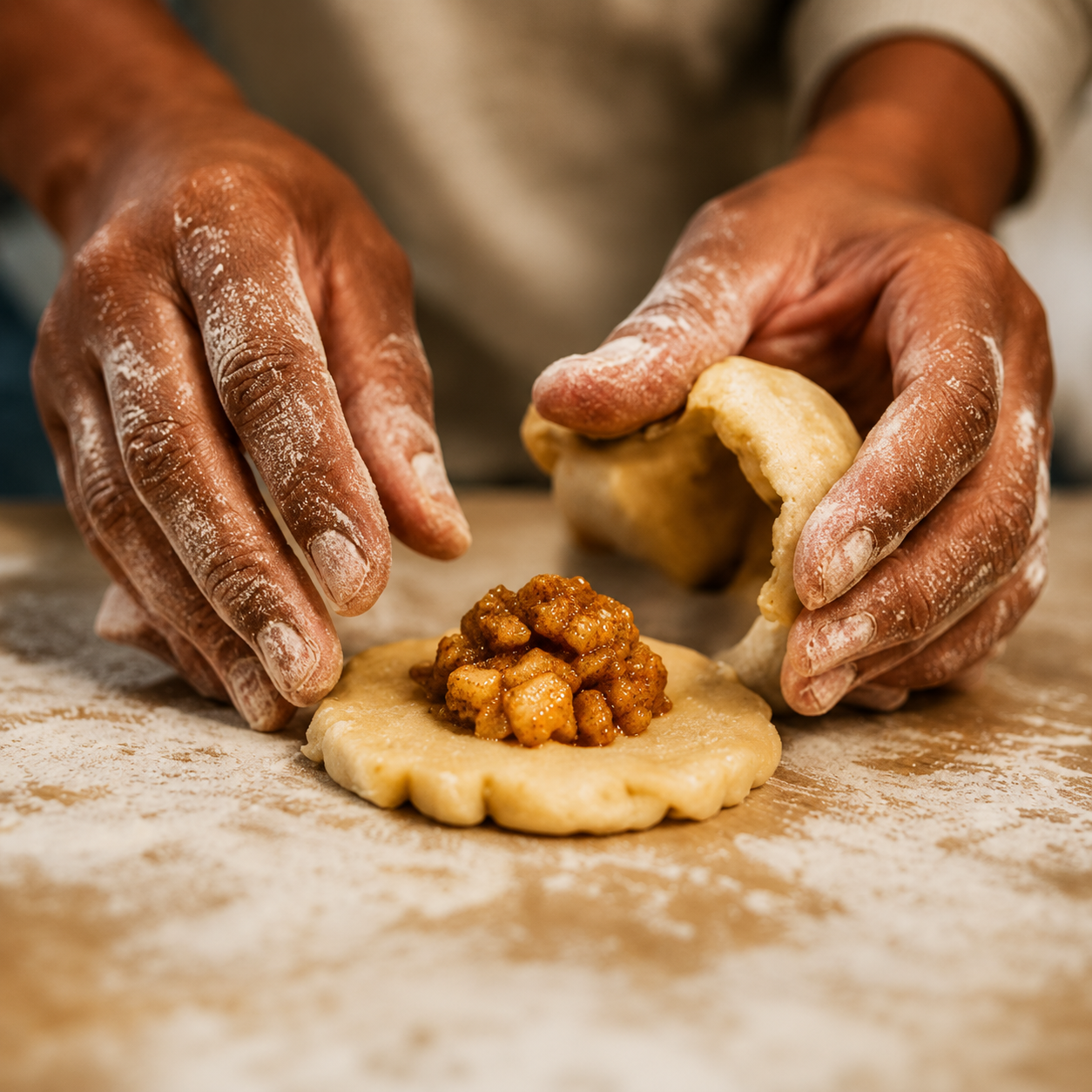 Hands preparing a pie ball with filling on dough